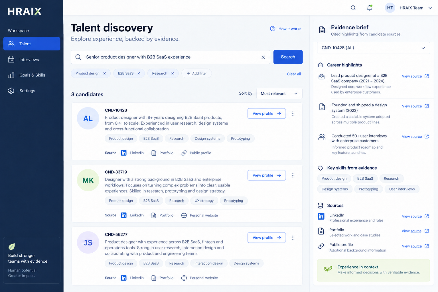 HRAIX talent discovery interface with natural-language search, candidate experience summaries, and source references.